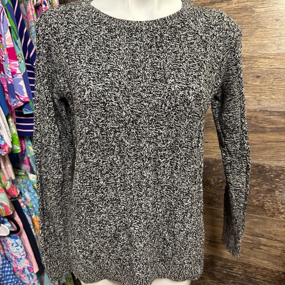 LOFT Black and White Crew Neck Sweater with Ribbed‎ Trim